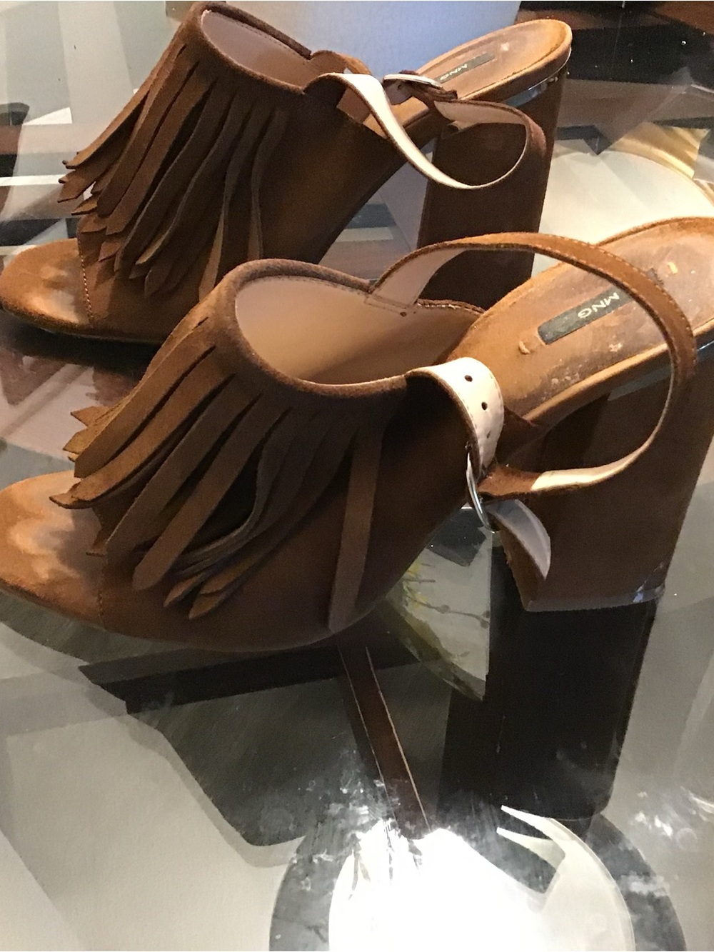 Mango Brown Fringe Block Heels with Ankle Strap